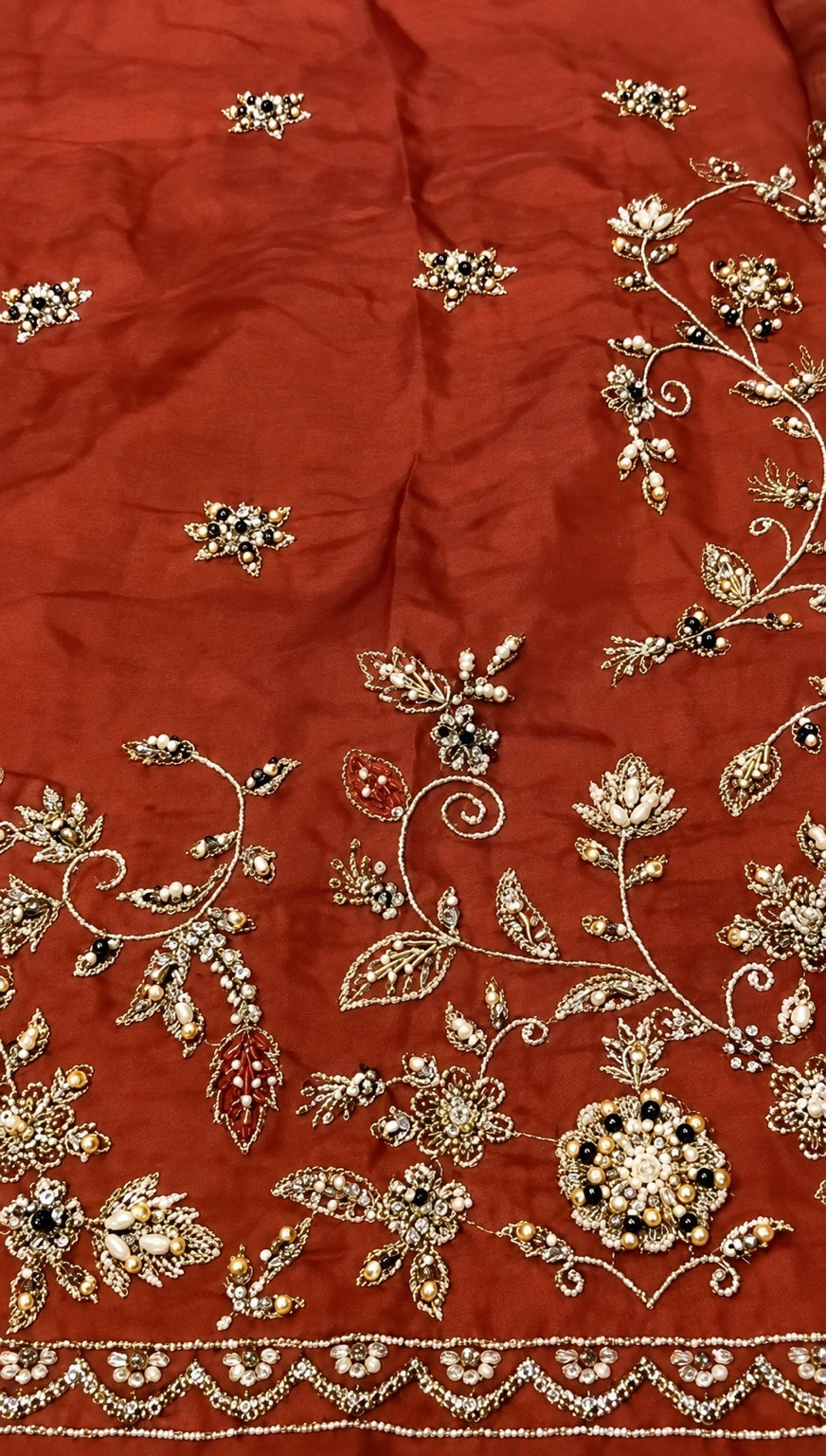 Haris Shakeel HS-201 Style rust orange embroidered border and floral detail