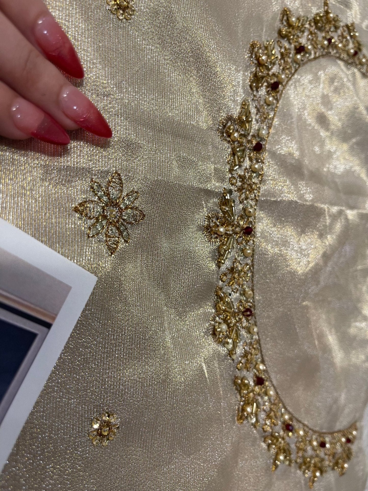 Haris Shakeel – Maharani Ivory Gold Style, embroidery and fabric detail 14