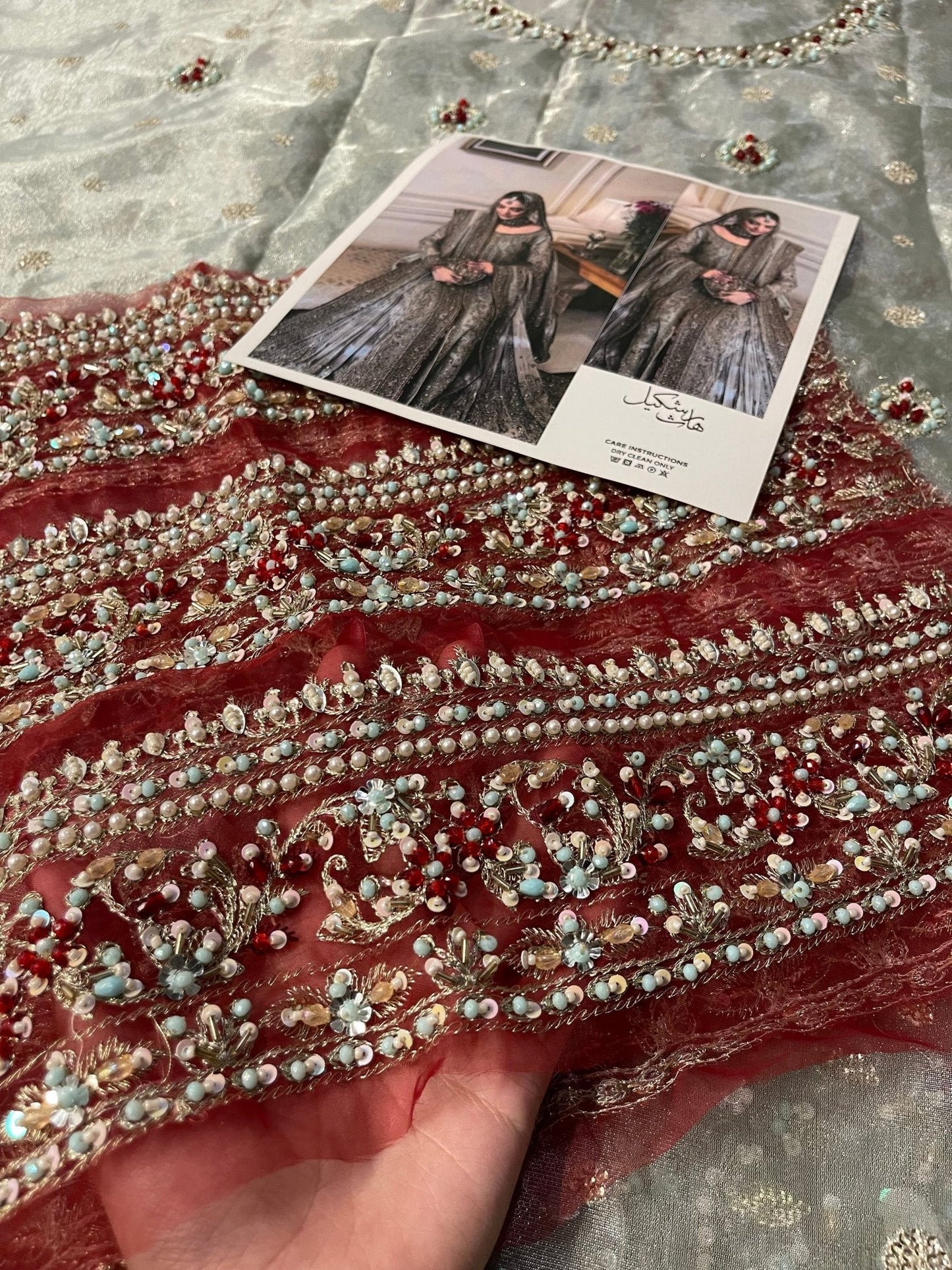 Haris Shakeel – Maharani Light Cinderella Blue Style, embroidery and fabric detail 14