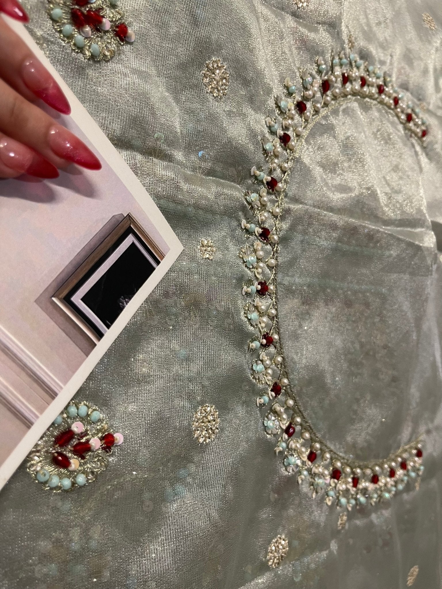 Haris Shakeel – Maharani Light Cinderella Blue Style, embroidery and fabric detail 12
