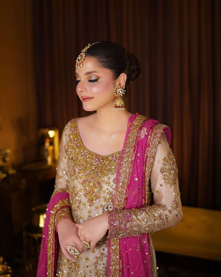 Haris Shakeel Mesuri Style gold and pink formal suit view 2