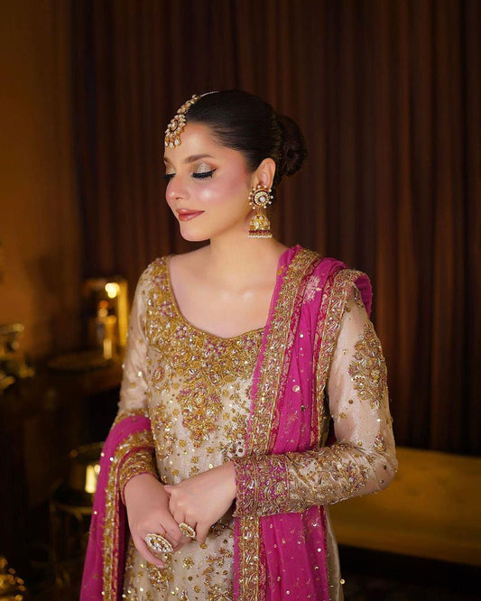 Haris Shakeel Mesuri Style gold and pink formal suit view 2