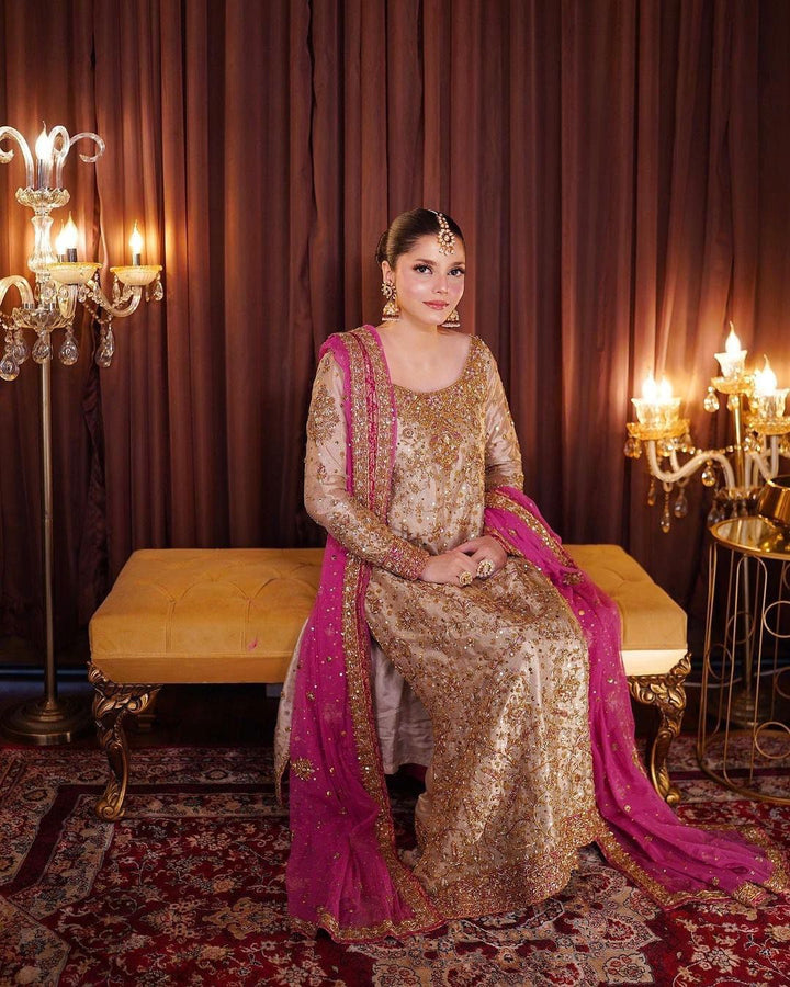 Haris Shakeel Mesuri Style gold and pink formal suit view 4