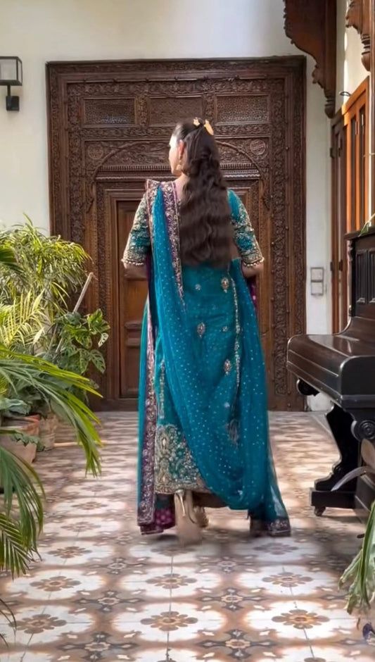 Haris Shakeel Peacock Teal Style back model view