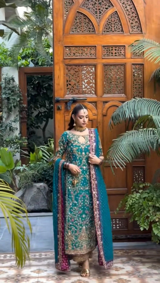 Haris Shakeel Peacock Teal Style front model view