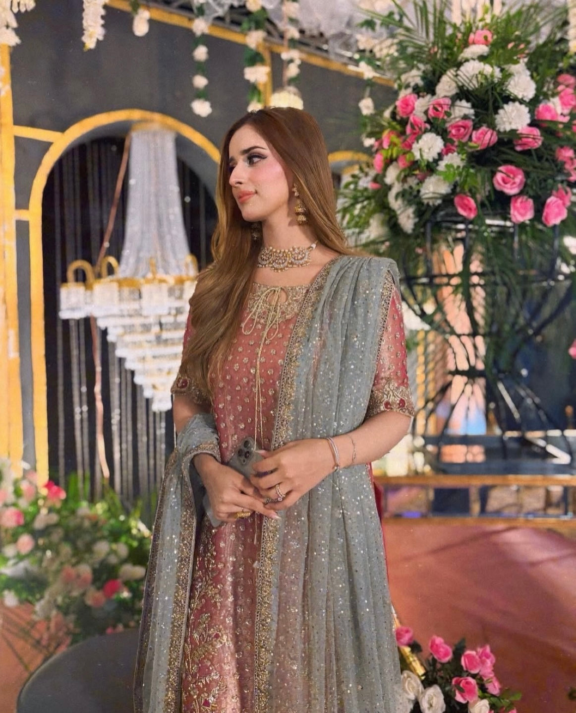 Haris Shakeel Pink Double Dupatta Style