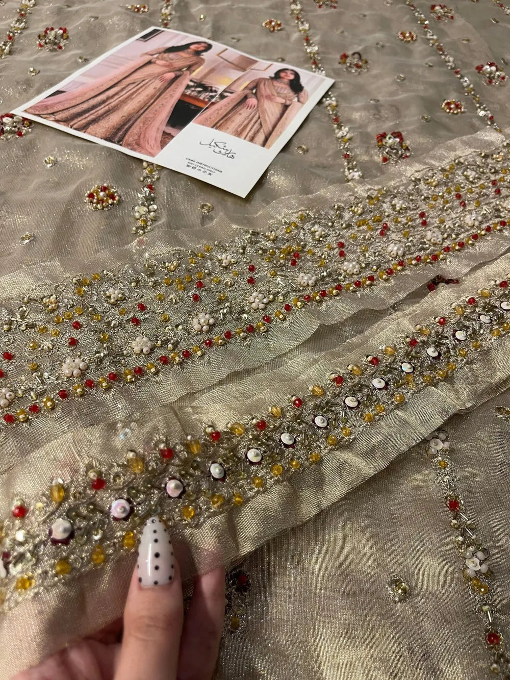 Haris Shakeel – Sahar Blue Style, gold and red floral border detail