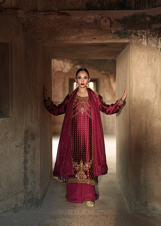 Haseens Paimana Style deep carmine embellished kurta and dupatta full look