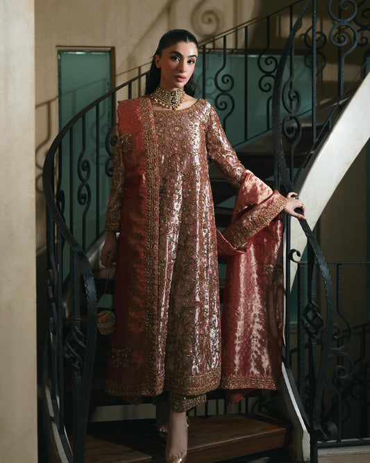 Haris Shakeel style — Mairaz tea rose tissue three-piece suit reference, view 1 of 3