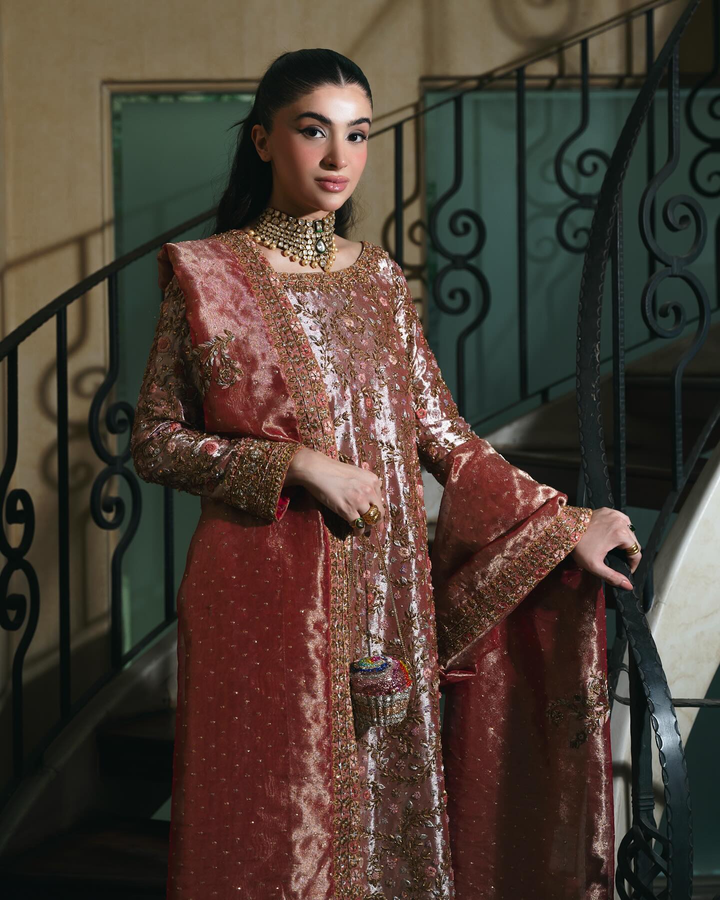 Haris Shakeel style — Mairaz tea rose tissue three-piece suit reference, view 2 of 3
