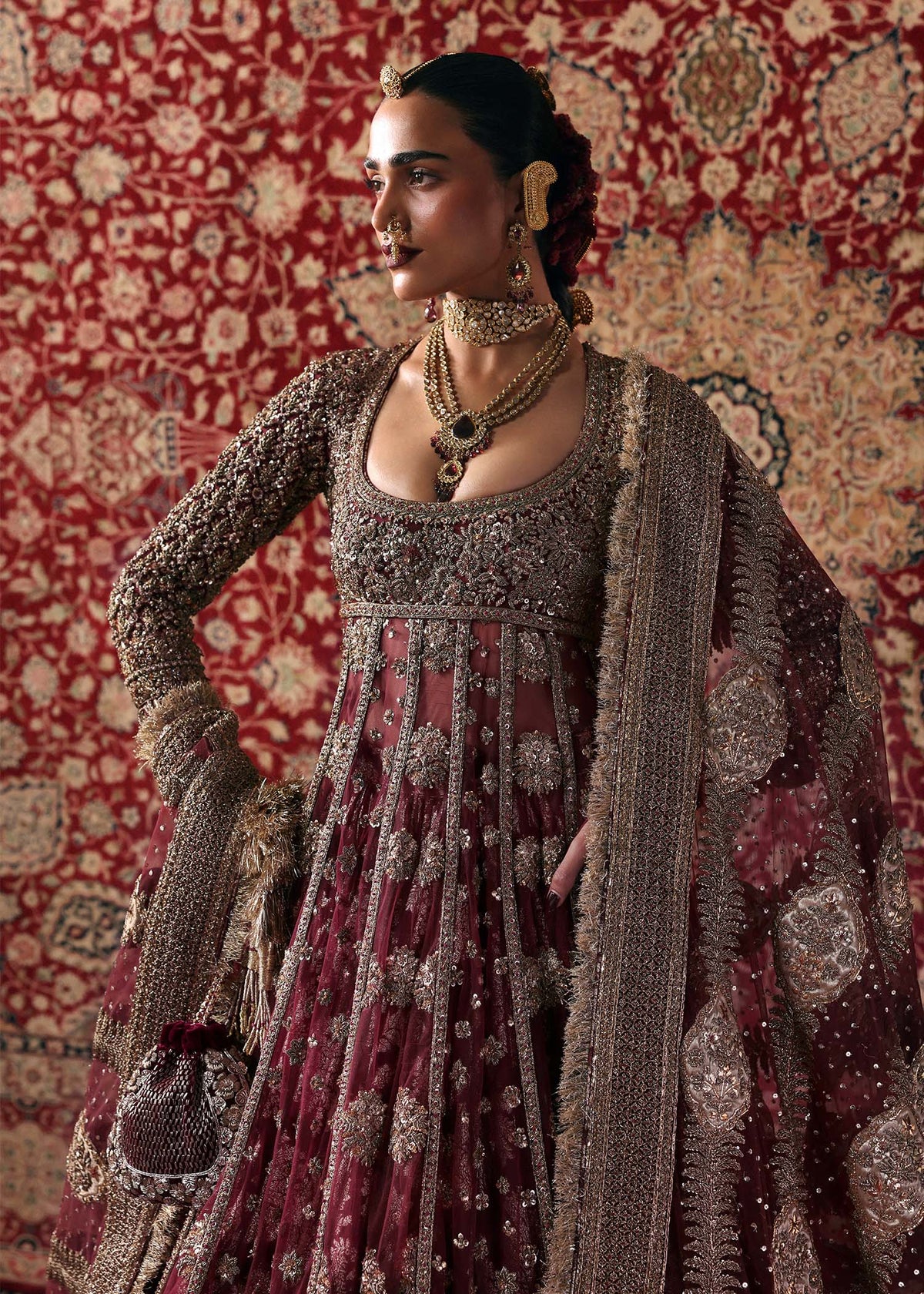 Hussain Rehar Bayaan burgundy maroon pishwas and lehenga — bodice and sleeves, source design reference