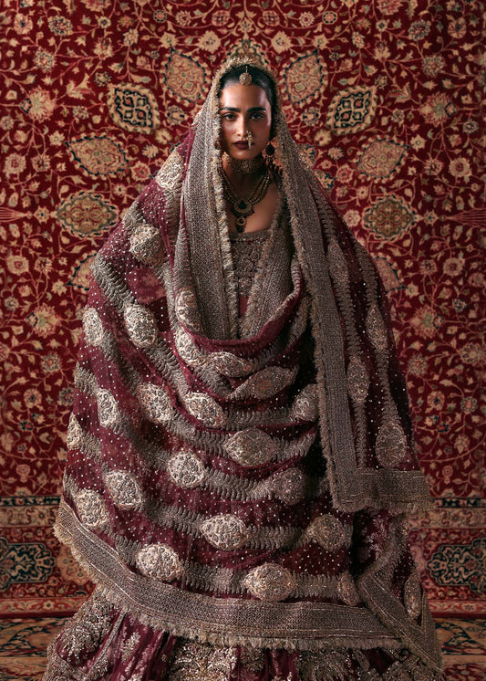 Hussain Rehar Bayaan burgundy maroon pishwas and lehenga — dupatta drape, source design reference