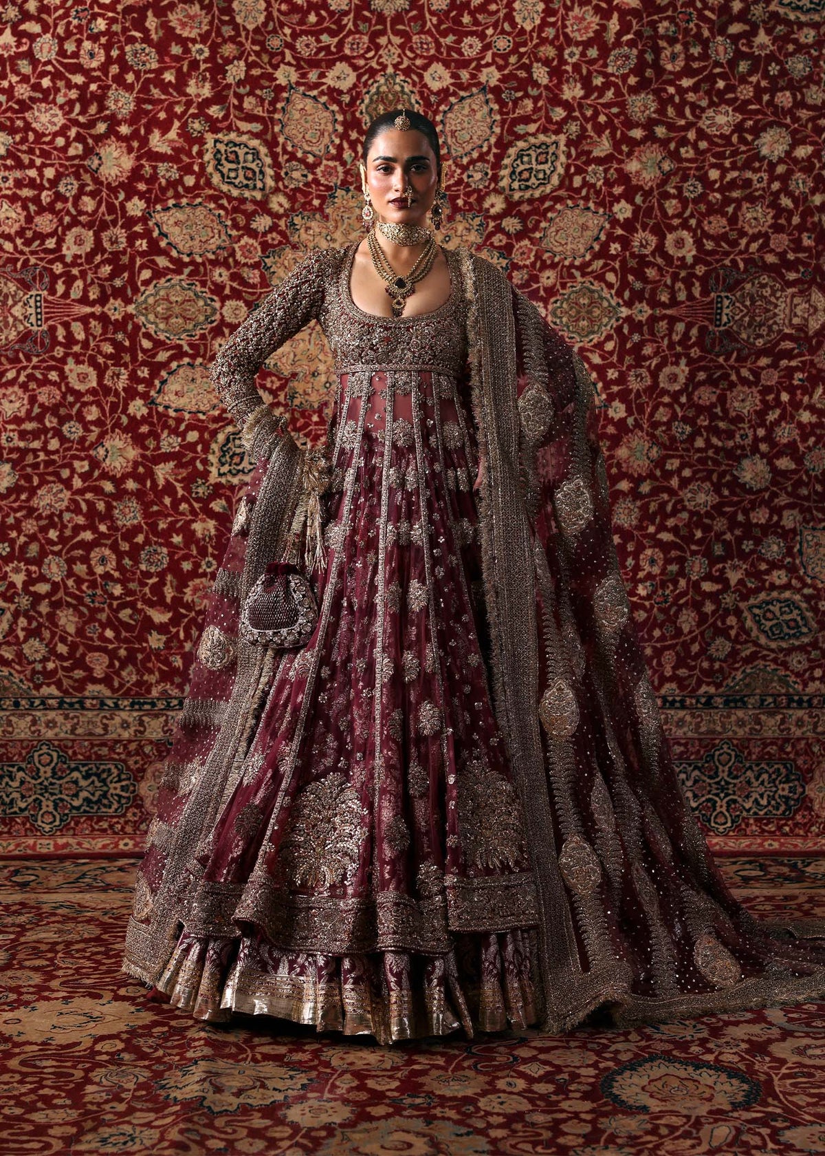 Hussain Rehar Bayaan burgundy maroon pishwas and lehenga — full front, source design reference