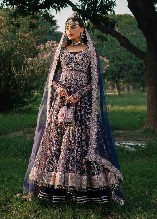Mairaz-made Falak style inspired by Hussain Rehar in navy blue organza peshwas
