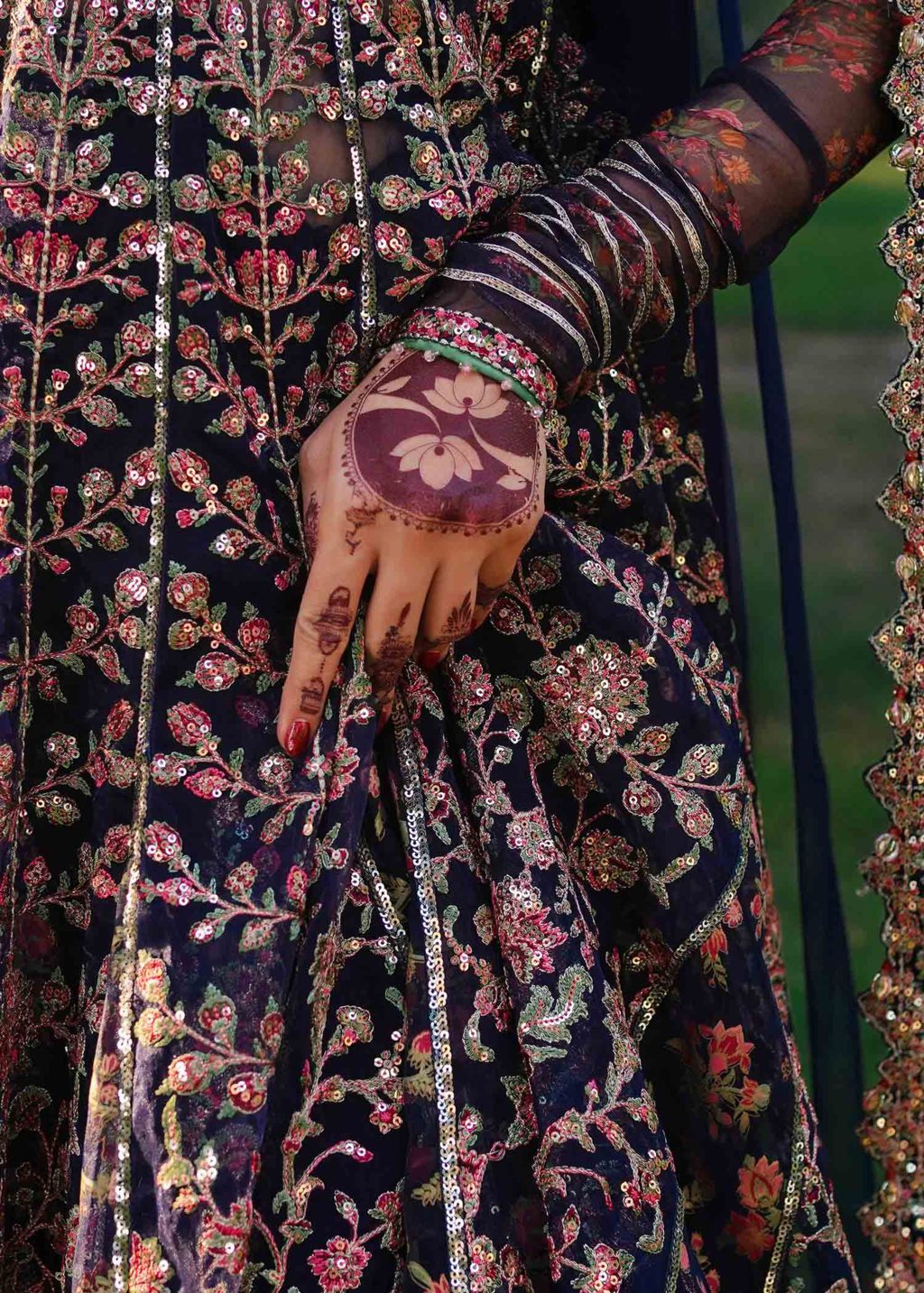 Falak style navy blue peshwas with embroidered organza dupatta and velvet palazzo trousers