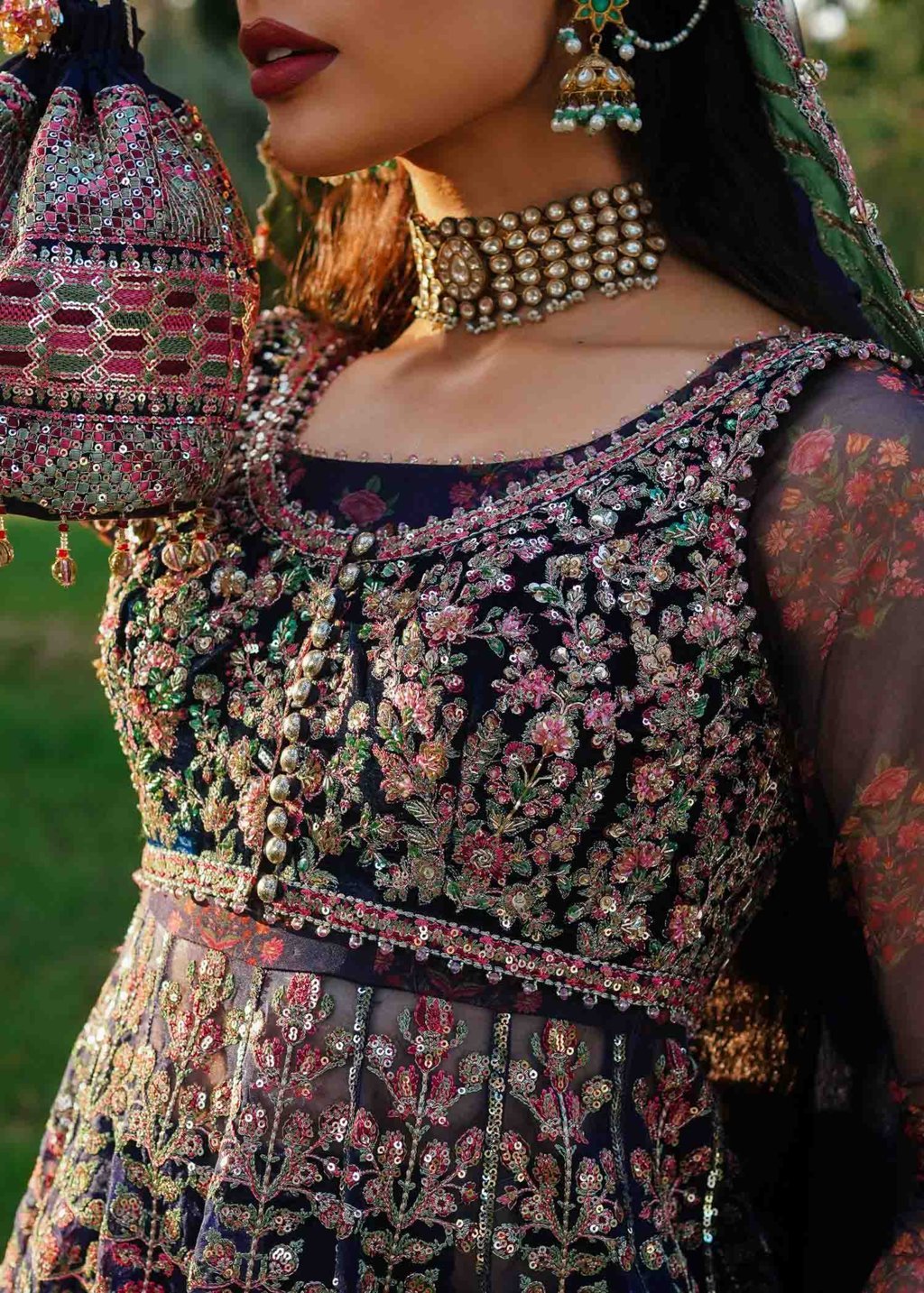 Falak style navy blue organza peshwas with embroidered and embellished koti