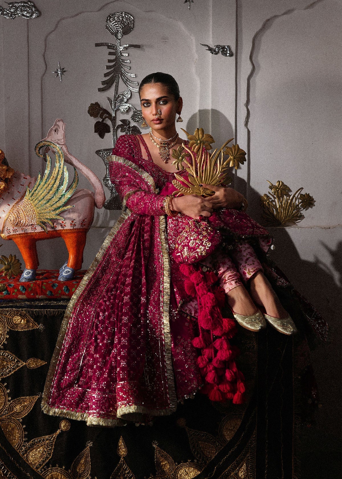Hussain Rehar Gulpanra Style by Mairaz, hot pink embroidered pishwas, product view 1