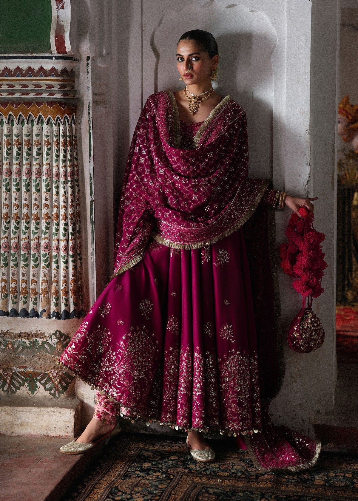 Hussain Rehar Gulpanra Style by Mairaz, hot pink embroidered pishwas and dupatta, product view 2