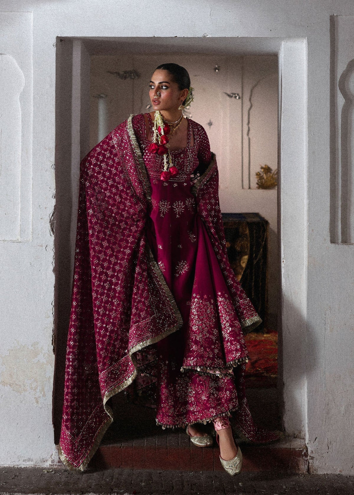 Hussain Rehar Gulpanra Style by Mairaz, magenta embroidered formal pishwas, product view 3
