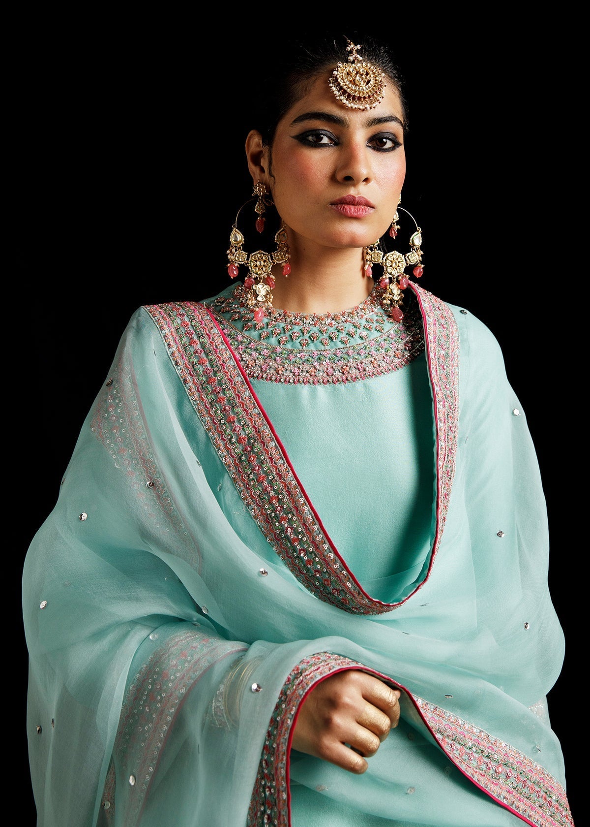 Hussain Rehar Maya Style embellished ice blue shirt and mustard shalwar
