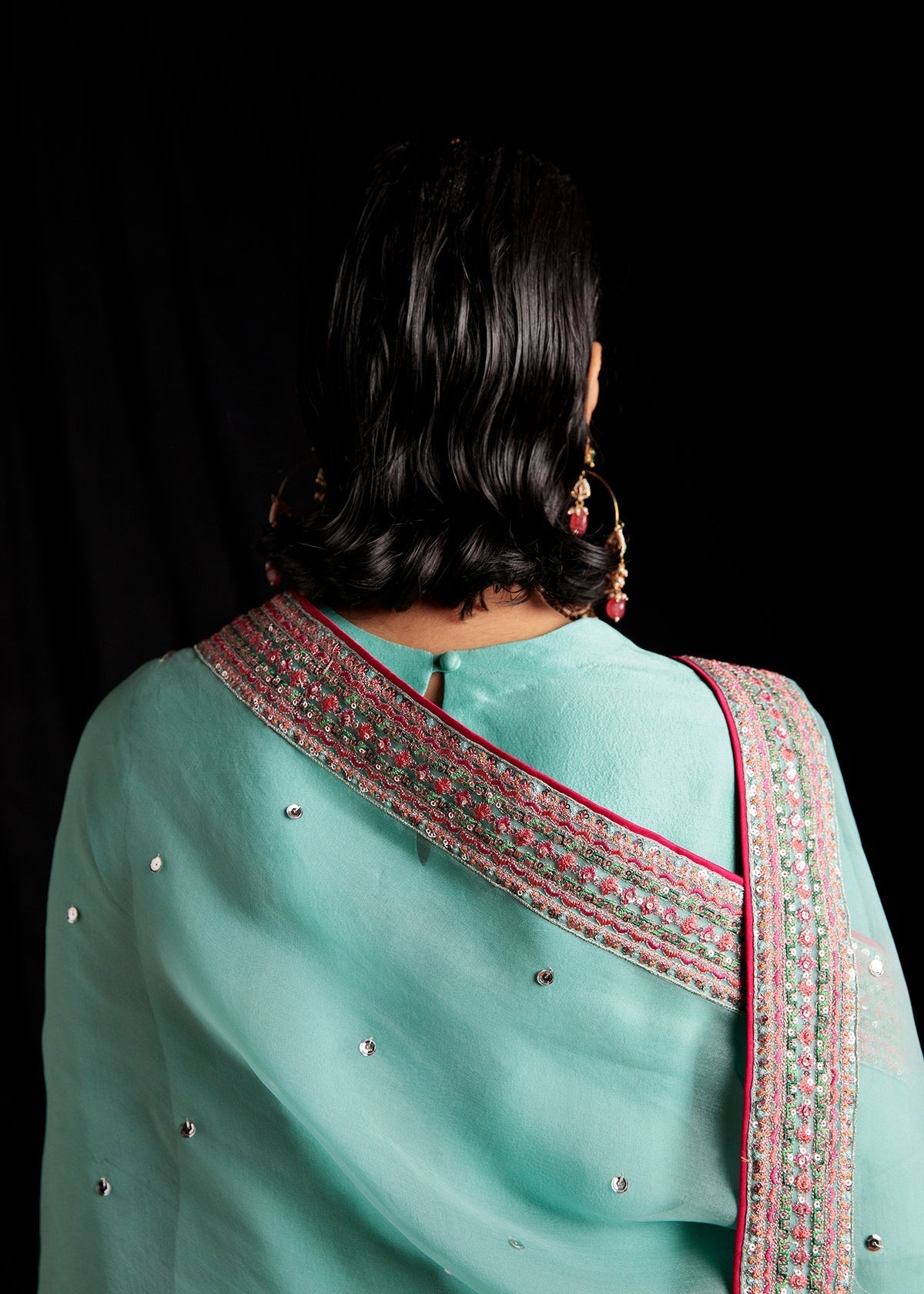 Hussain Rehar Maya Style ice blue organza dupatta and formal ensemble