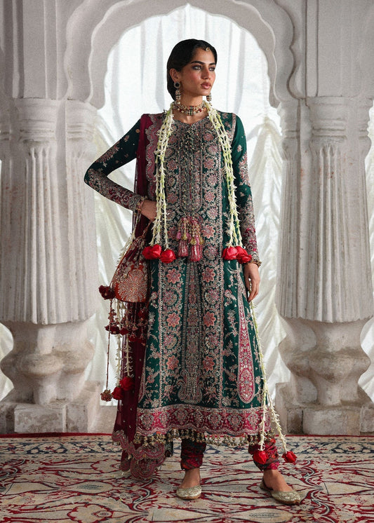 Hussain Rehar Morni Style by Mairaz, emerald teal embroidered formal outfit, product view 1