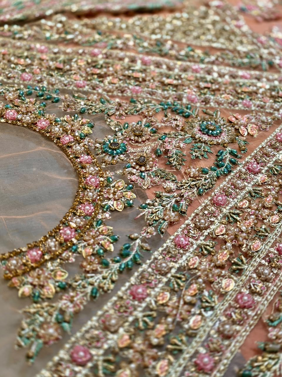Hussain Rehar Saaz real fabric close-up with rose gold embroidery 2
