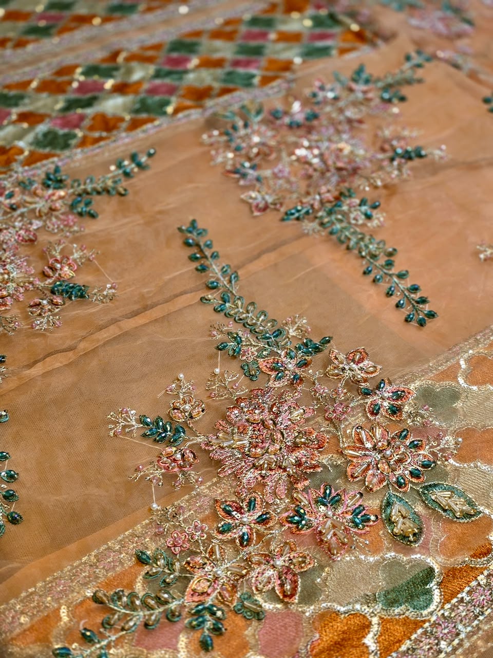 Hussain Rehar Saaz real peach net floral embroidery detail