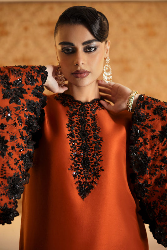 Hussain Rehar Sheryl Style rust raw silk outfit