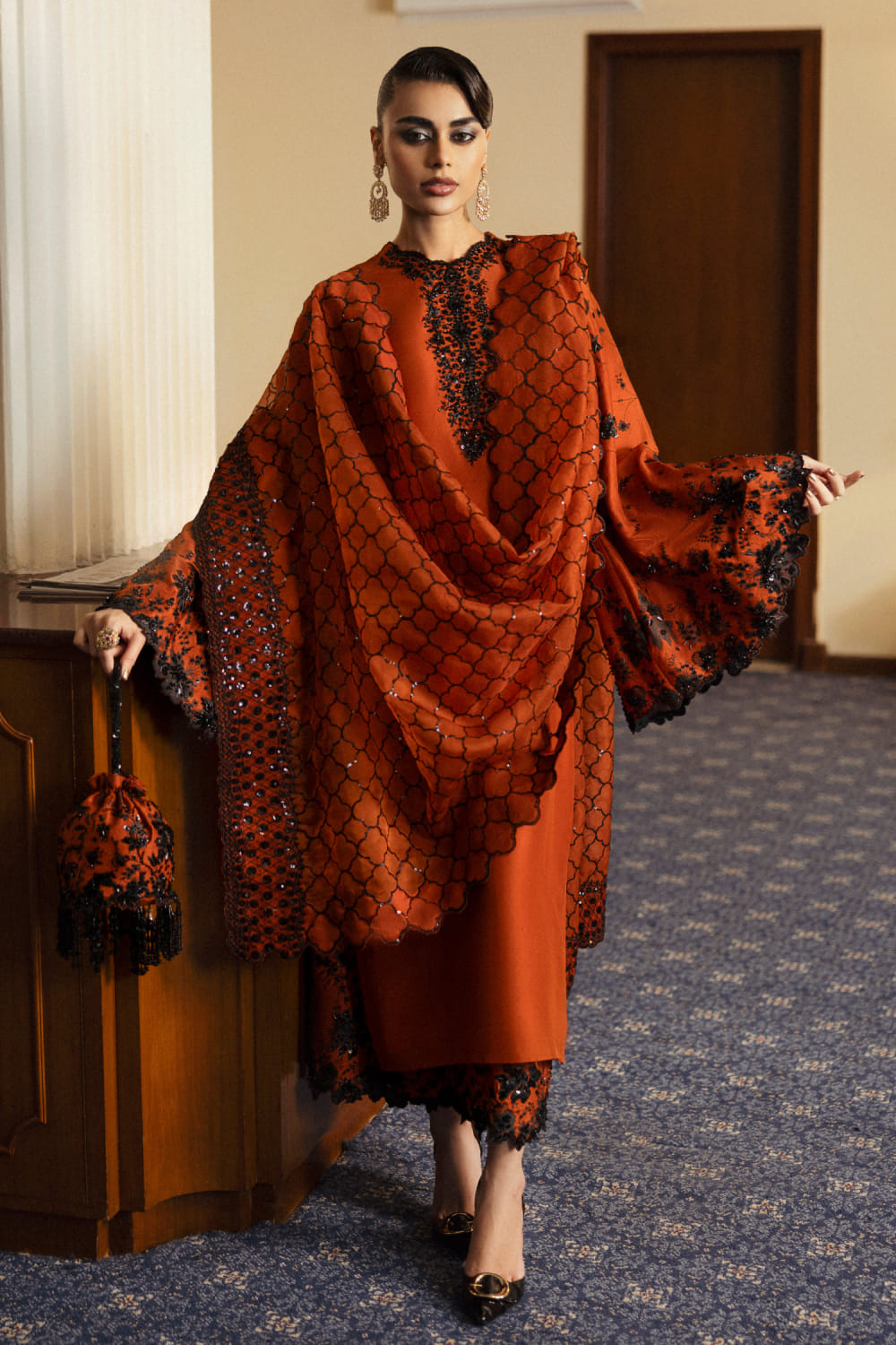 Hussain Rehar Sheryl Style rust raw silk outfit