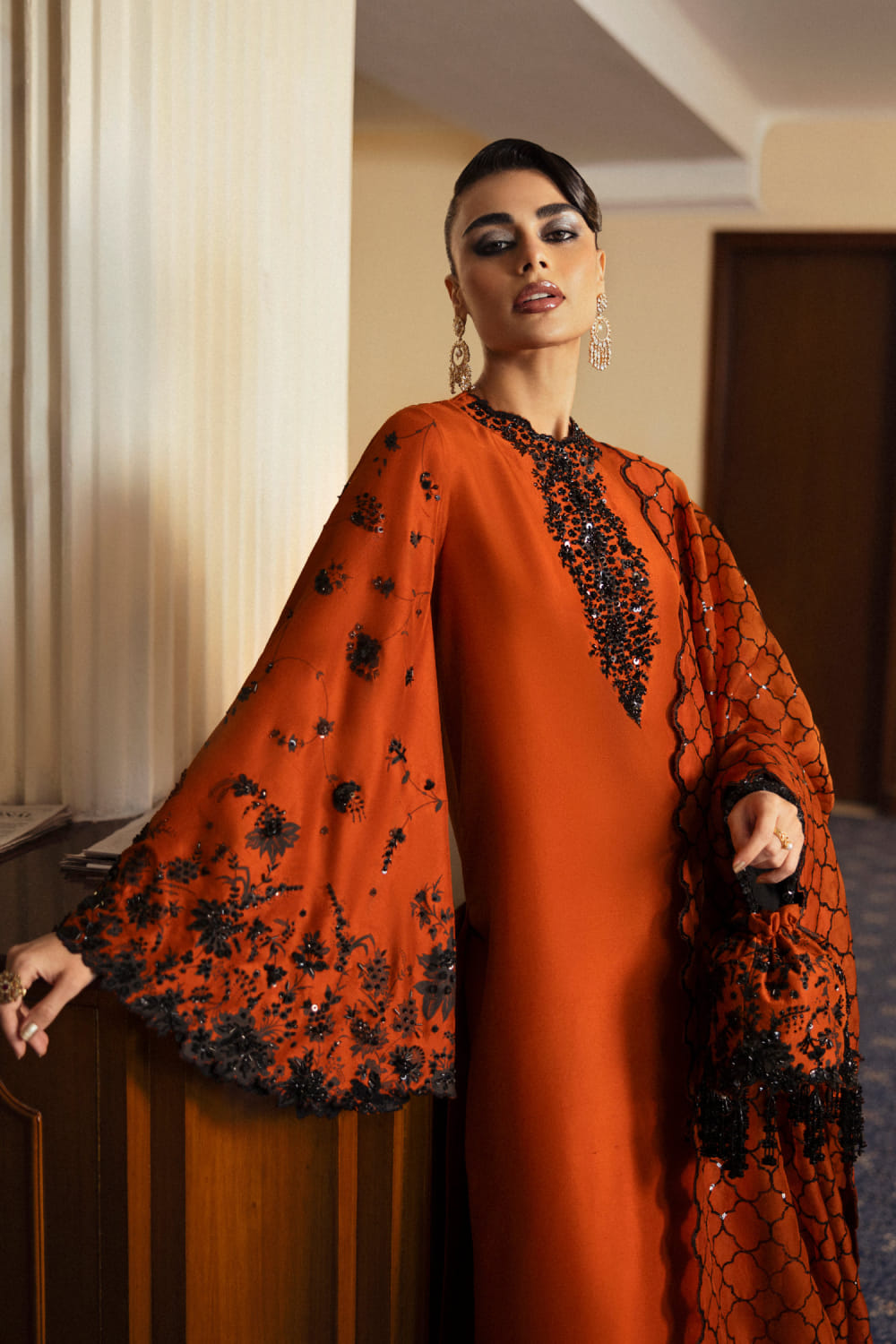 Hussain Rehar Sheryl Style rust raw silk outfit