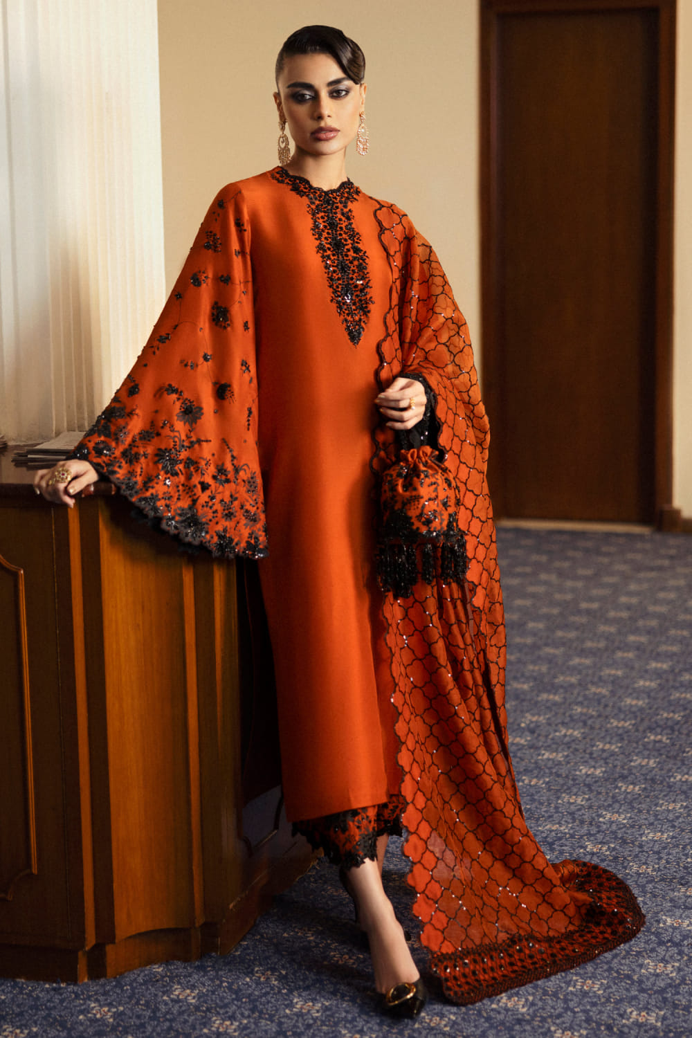 Hussain Rehar Sheryl Style rust raw silk outfit