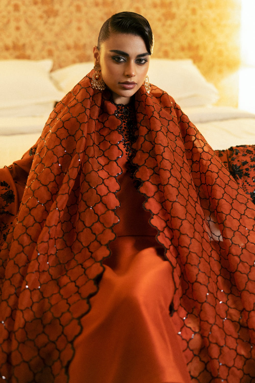 Hussain Rehar Sheryl Style rust raw silk outfit
