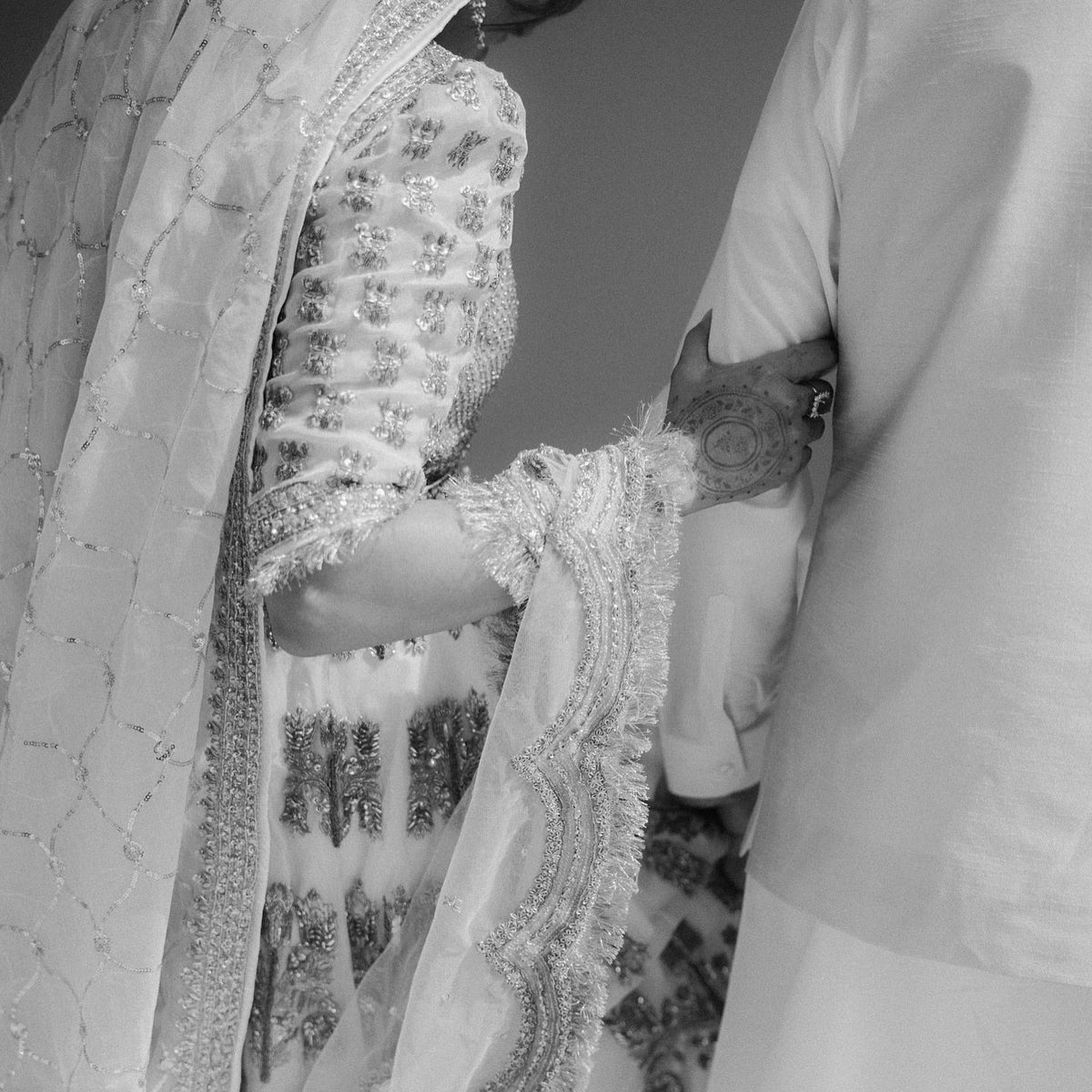 Hussain Rehar Saheda black and white close-up of bodice and sleeve embroidery