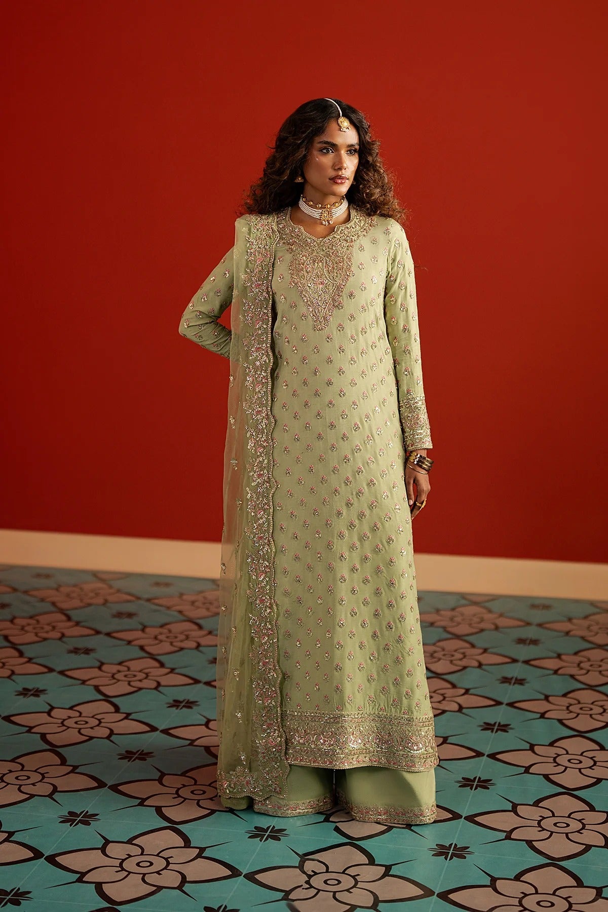 Afrozeh Shahwar Style — Mairaz Parrot Green Three-Piece Suit
