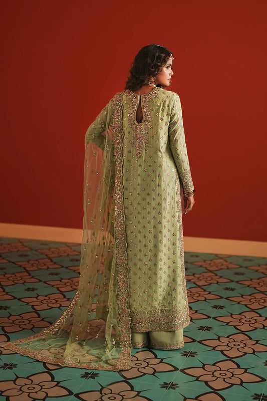 Afrozeh Shahwar Style — Mairaz Parrot Green Three-Piece Suit
