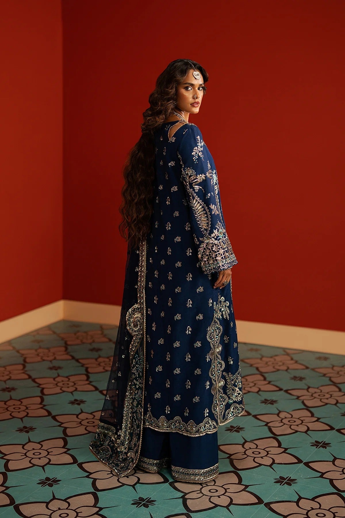 Afrozeh Mahreen Style — Mairaz Navy & Green Three-Piece Suit