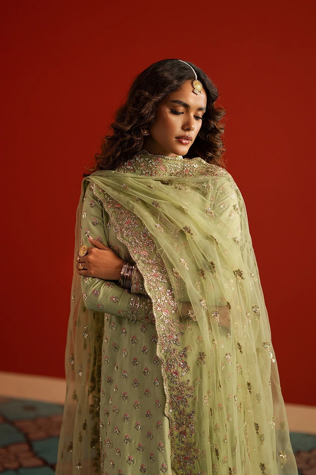 Afrozeh Shahwar Style — Mairaz Parrot Green Three-Piece Suit