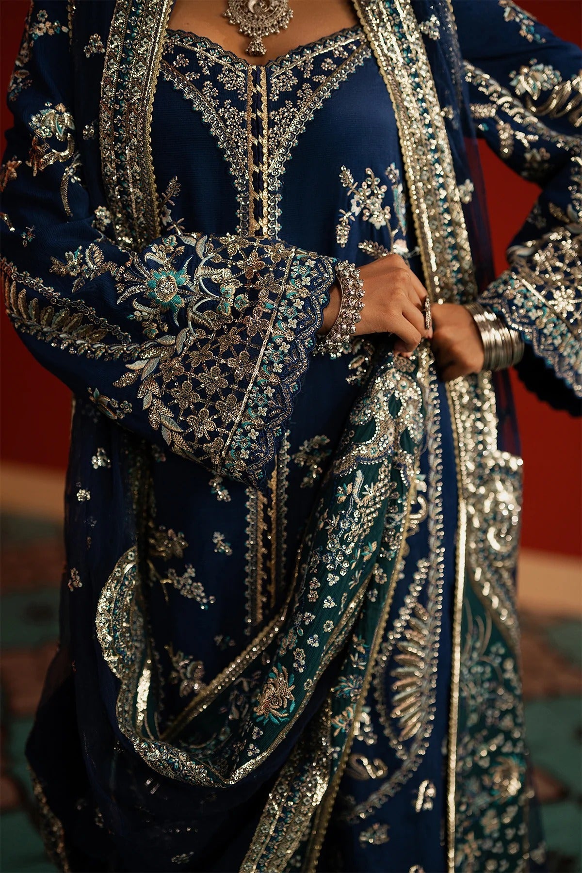 Afrozeh Mahreen Style — Mairaz Navy & Green Three-Piece Suit