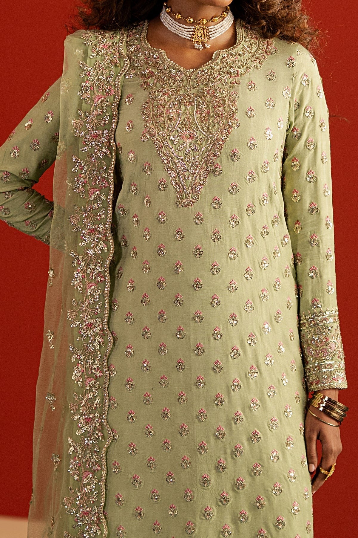 Afrozeh Shahwar Style — Mairaz Parrot Green Three-Piece Suit