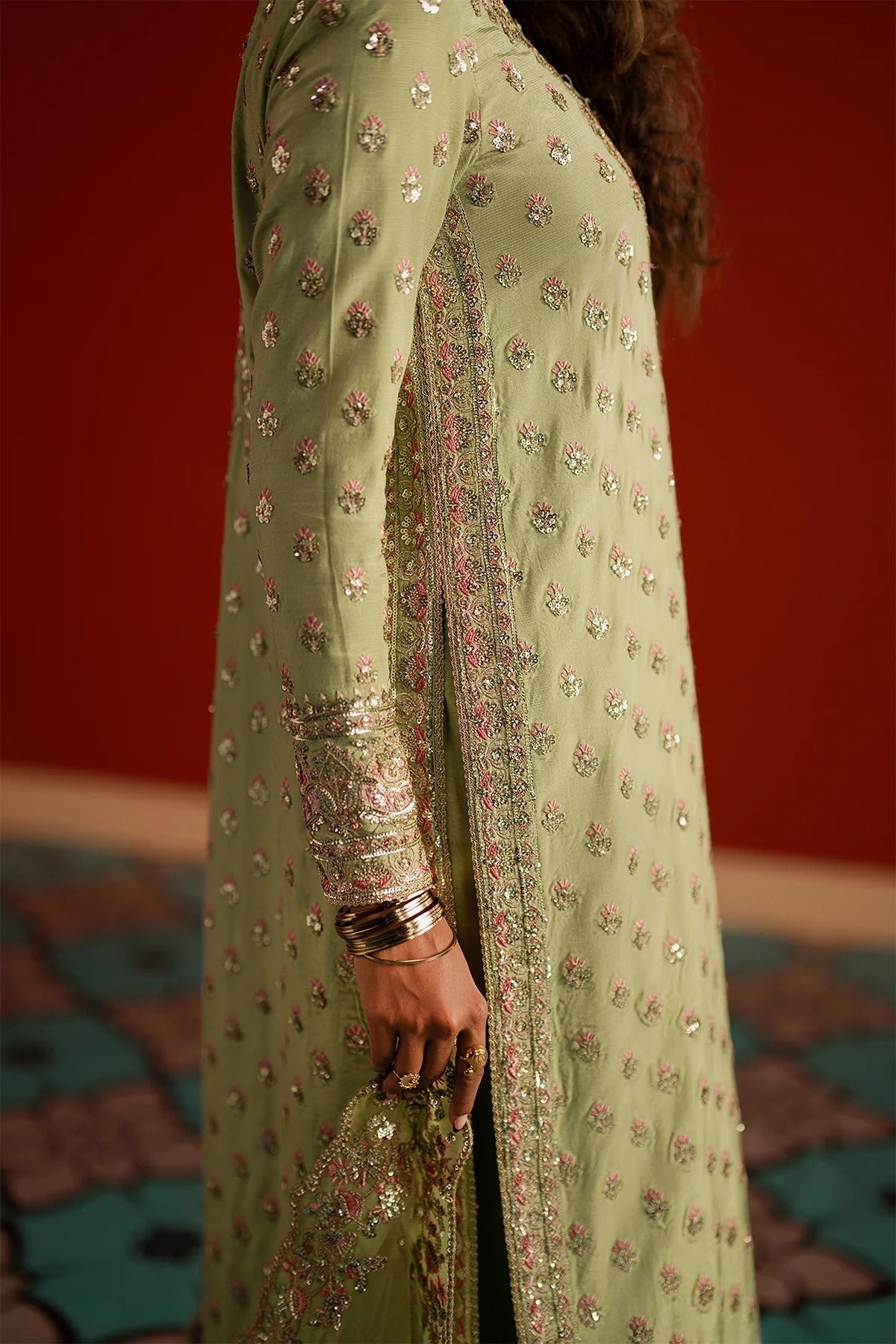 Afrozeh Shahwar Style — Mairaz Parrot Green Three-Piece Suit