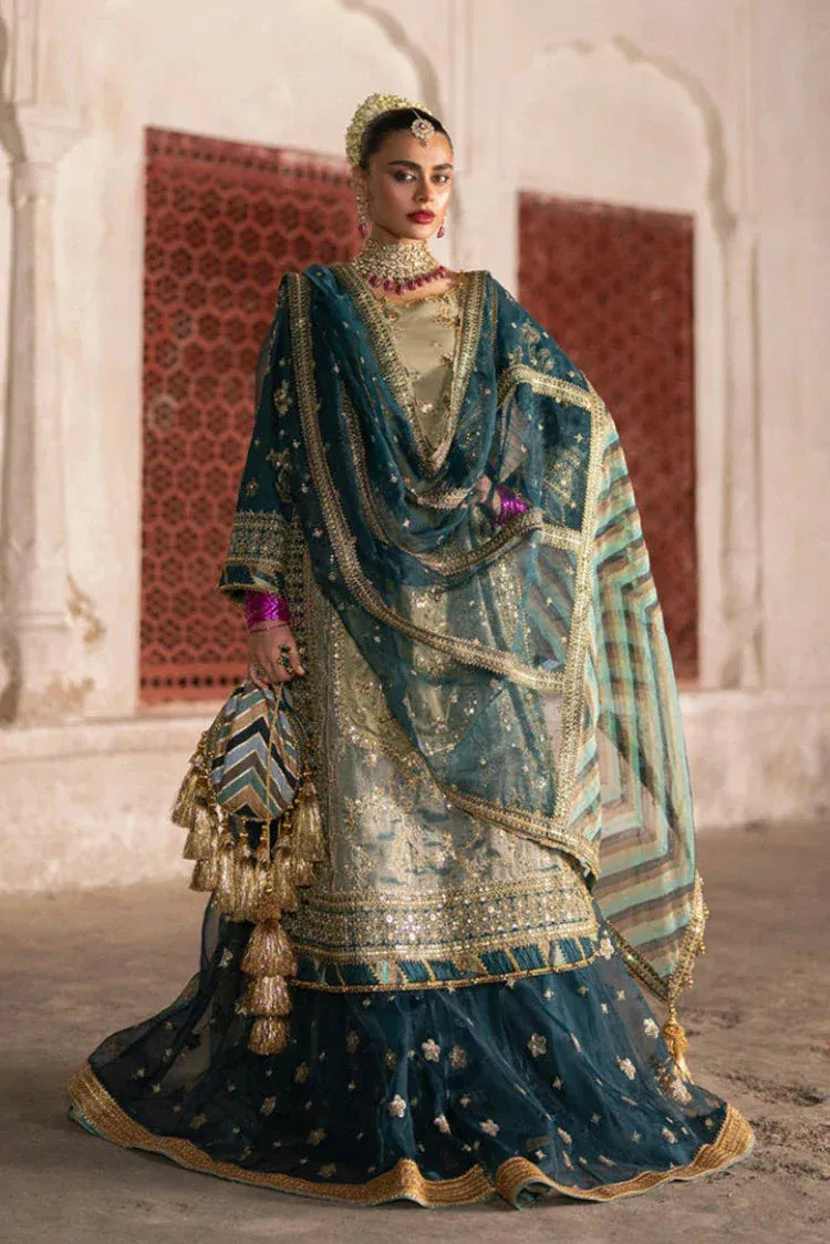 Royal Thread teal embroidered formal outfit full look with gold border