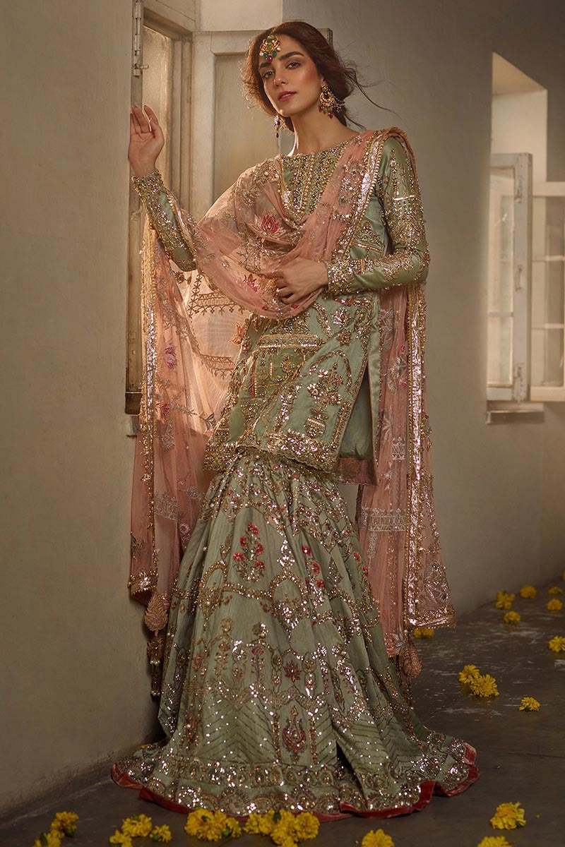 Gul-e-Zamurd sage green embroidered lehenga set with peach dupatta full look