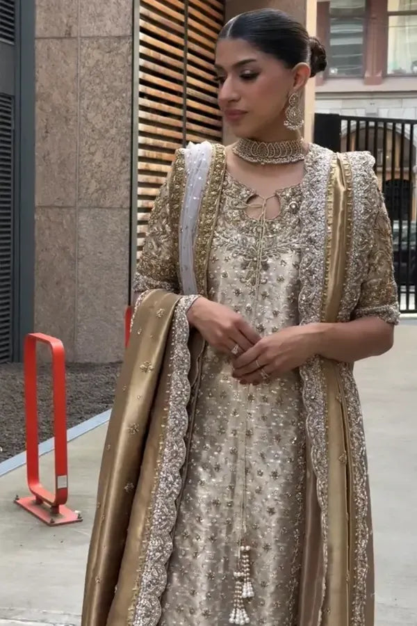 Noor-e-Haseen champagne gold outfit close-up of embroidered bodice and tassels