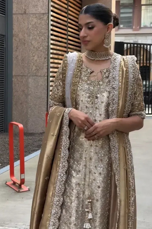 Noor-e-Haseen champagne gold outfit close-up of embroidered bodice and tassels