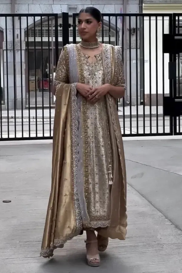 Noor-e-Haseen champagne gold embroidered three-piece formal outfit full look
