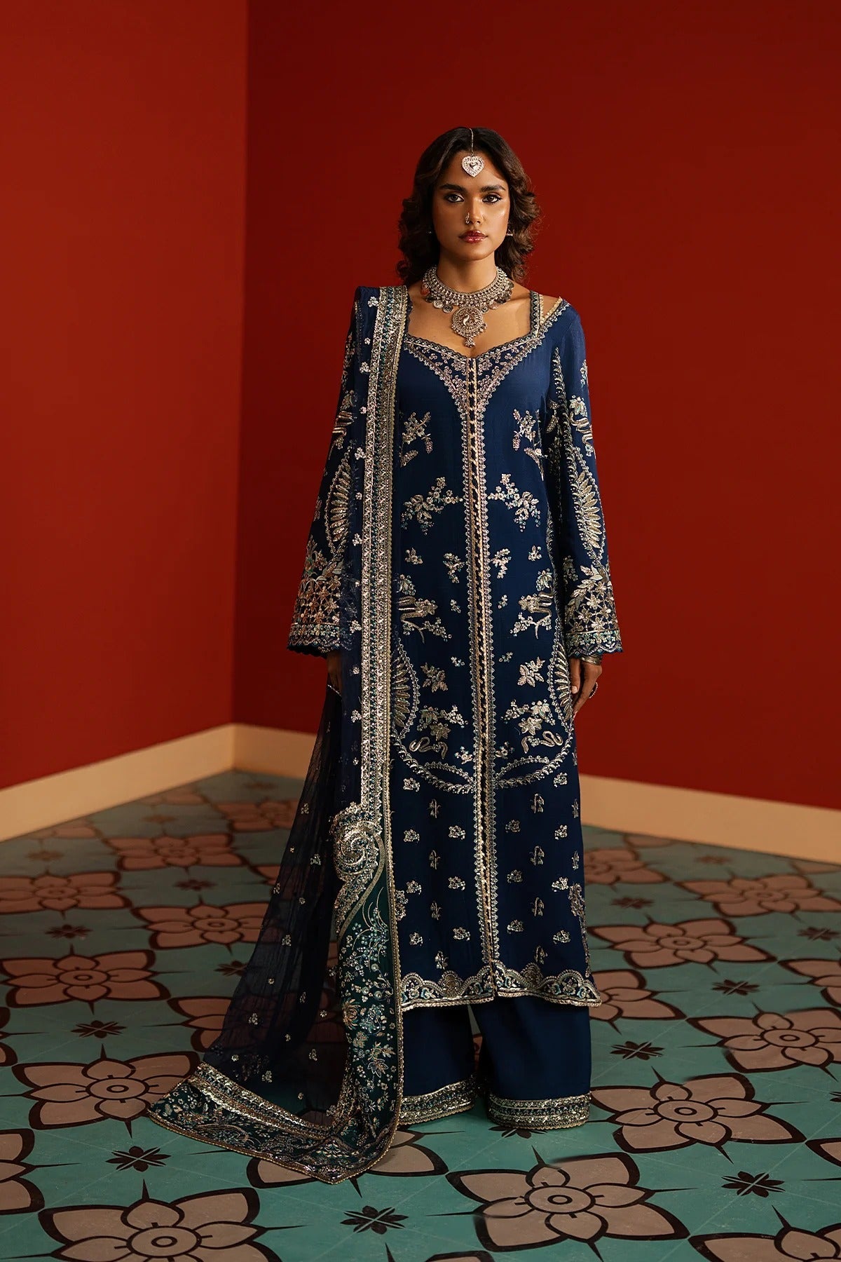 Afrozeh Mahreen Style — Mairaz Navy & Green Three-Piece Suit