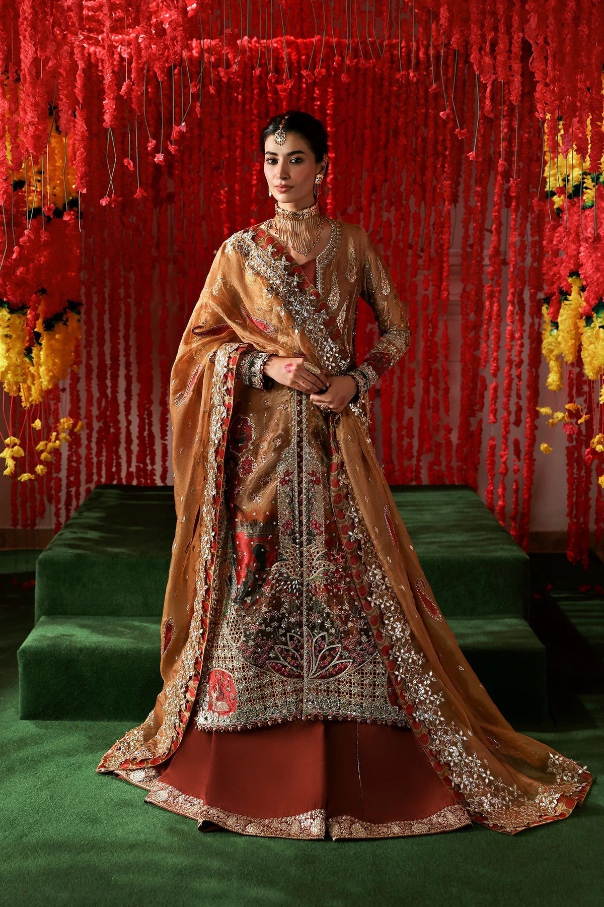 Afrozeh Poshna Style — Mairaz Peach & Green Three-Piece Suit