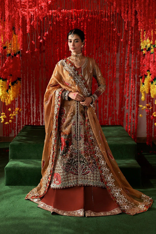 Afrozeh Poshna Style — Mairaz Peach & Green Three-Piece Suit
