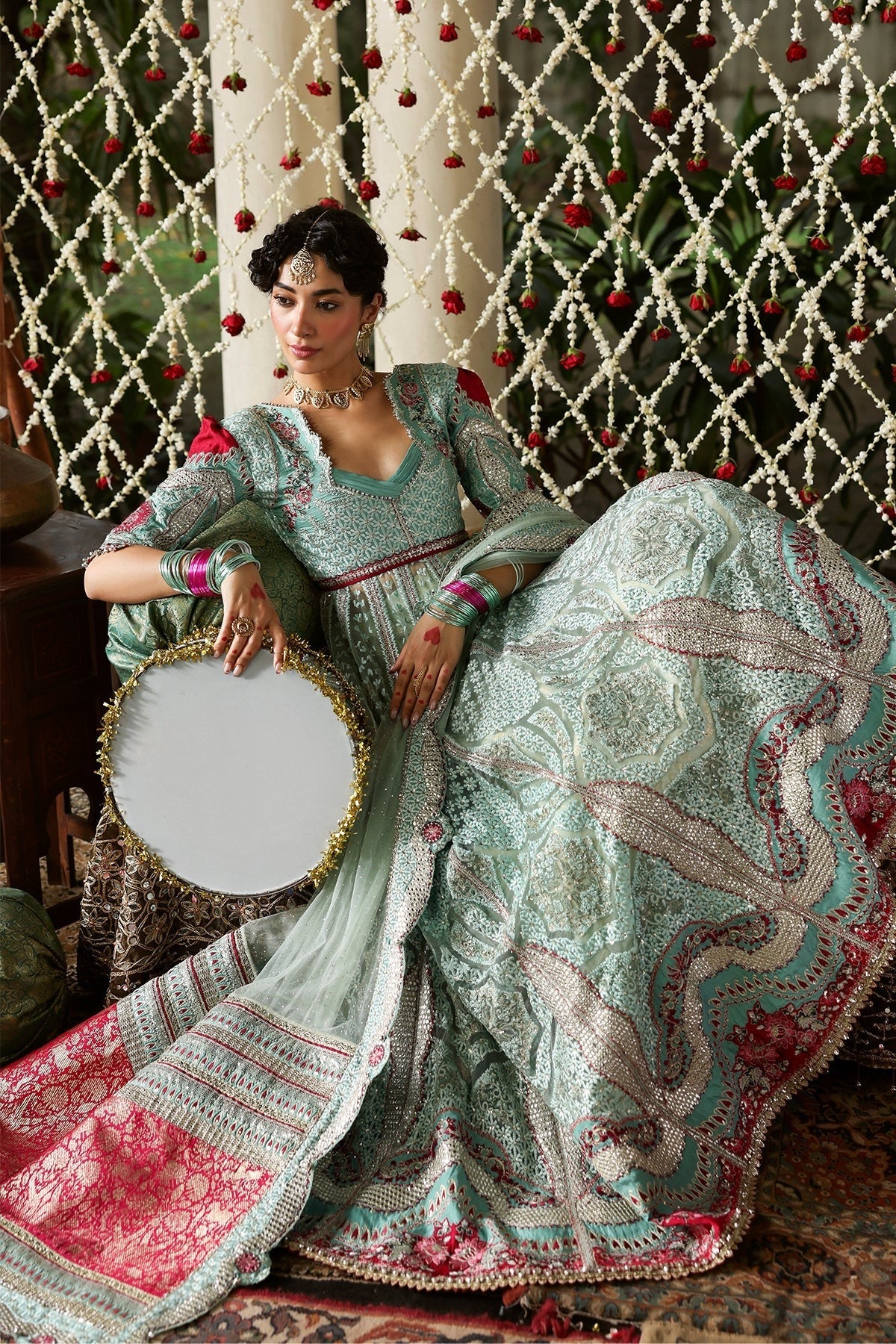 Afrozeh Zanzar Style — Mairaz Aqua & Red Three-Piece Suit